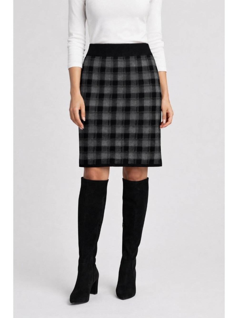 Adrienne Vittadini Skirt Small Black Grey Checkered Wool Plaid Pencil Preppy